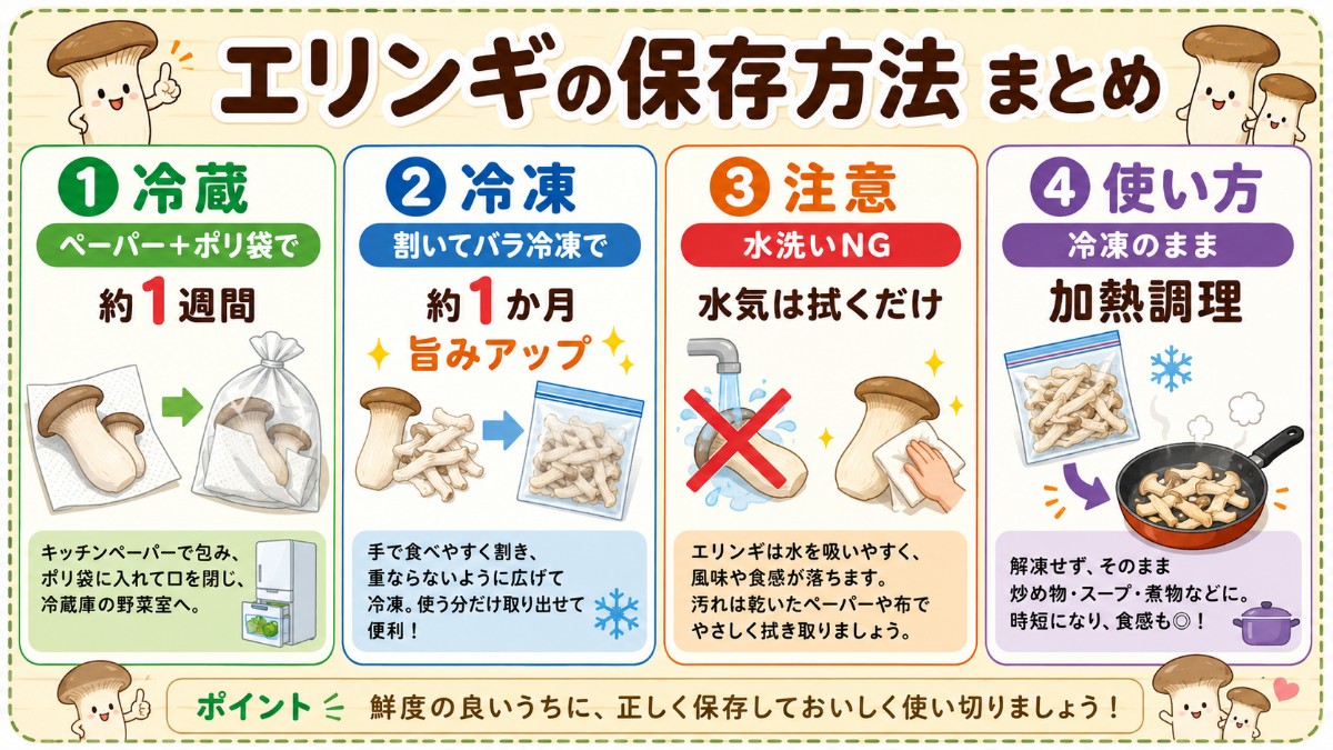 エリンギの保存方法まとめカード（冷蔵1週間・割いてバラ冷凍1か月・水洗いNGのまとめ）