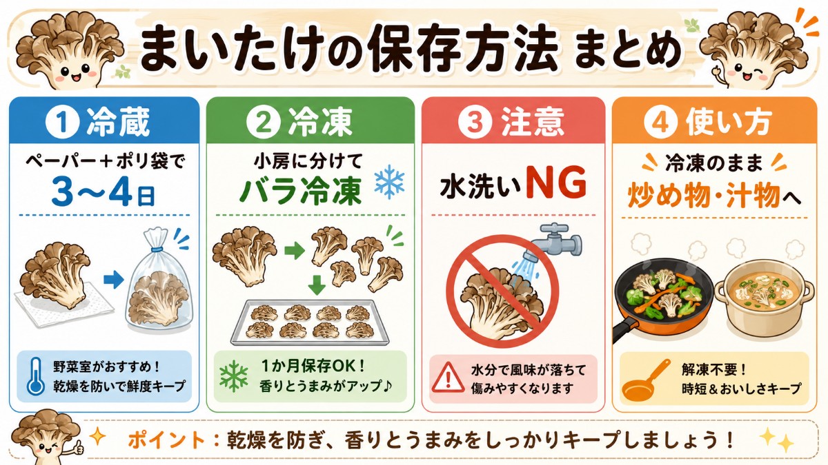 まいたけの保存方法まとめカード（冷蔵3?4日・バラ冷凍1か月・水洗いNGのまとめ）