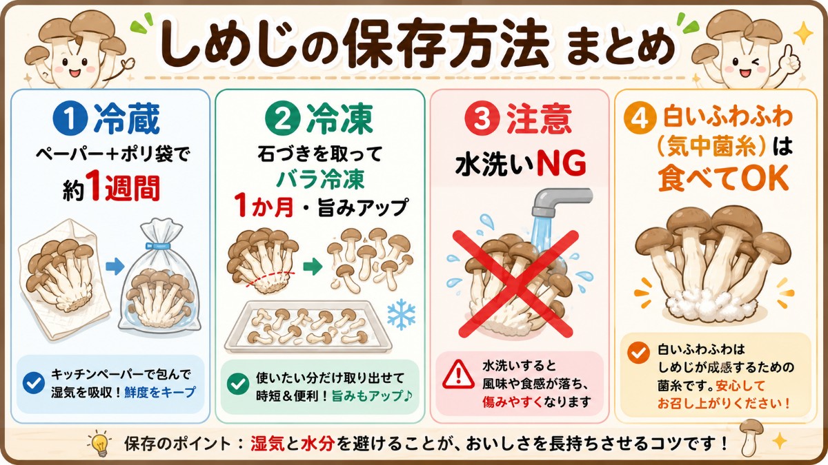 しめじの保存方法まとめカード（冷蔵1週間・バラ冷凍1か月・気中菌糸は食べてOKのまとめ）