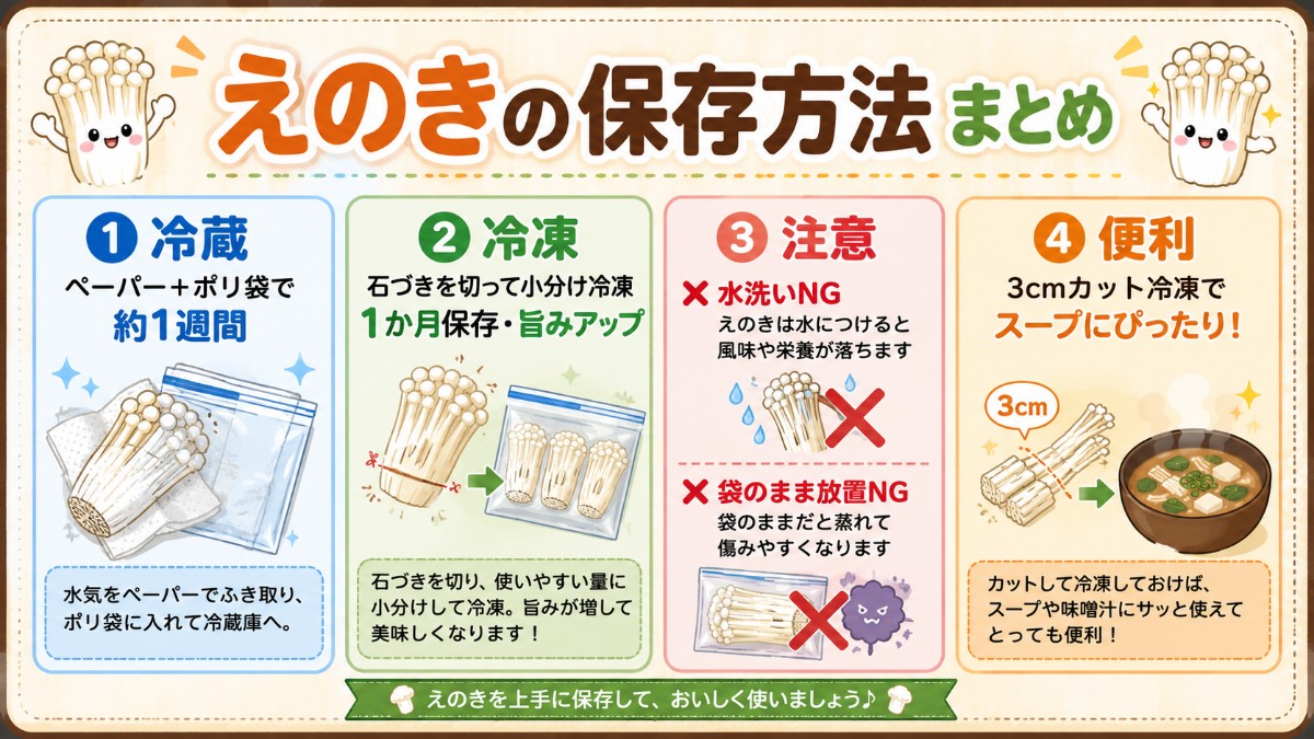 えのきの保存方法まとめカード（冷蔵1週間・カット冷凍1か月・水洗いNGのまとめ）