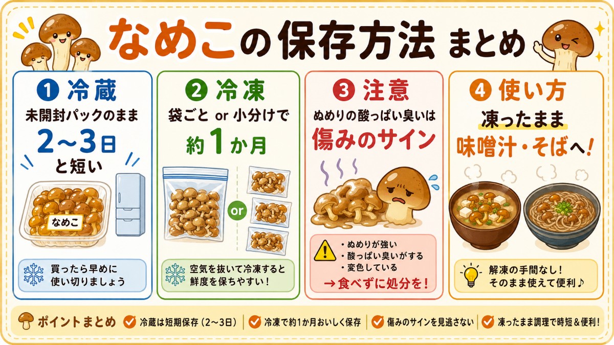 なめこの保存方法まとめカード（冷蔵2?3日・冷凍1か月・酸っぱい臭いは傷みのまとめ）