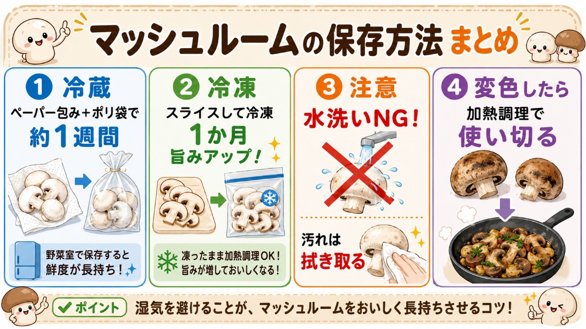 マッシュルームの保存方法まとめカード（冷蔵1週間・スライス冷凍1か月・水洗いNGのまとめ）