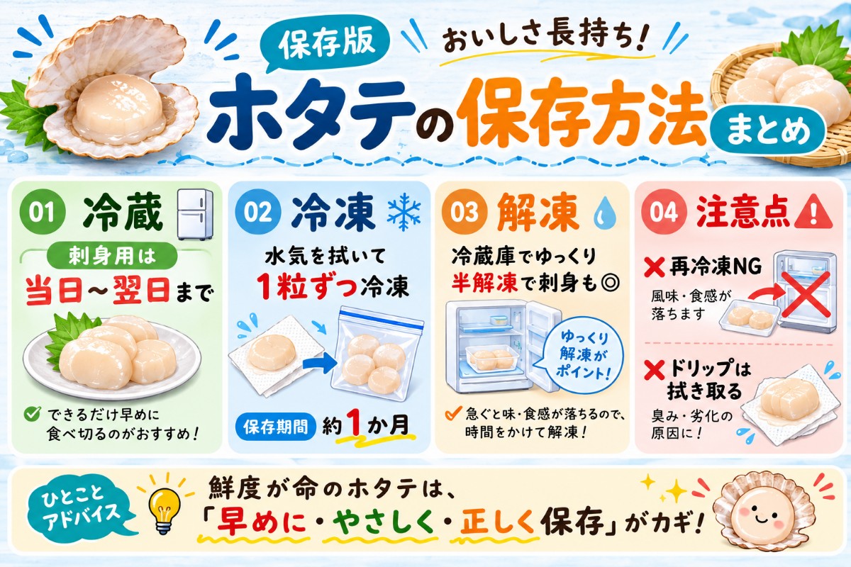ホタテの保存方法まとめカード（刺身は当日?翌日・1粒ずつ冷凍1か月・再冷凍NGのまとめ）