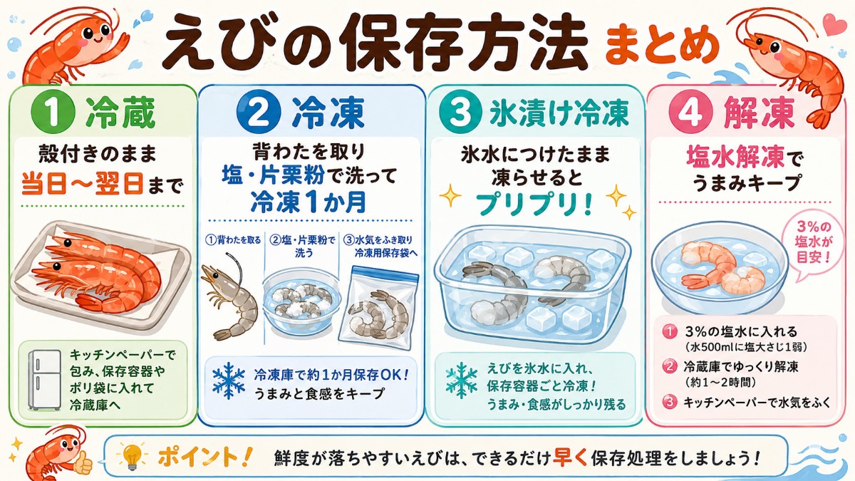 えびの保存方法まとめカード（冷蔵は翌日まで・下処理して冷凍1か月・氷漬け冷凍・塩水解凍のまとめ）