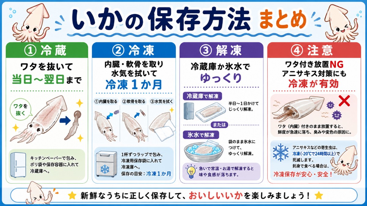 いかの保存方法まとめカード（ワタを抜いて冷蔵翌日まで・下処理冷凍1か月・アニサキス対策のまとめ）