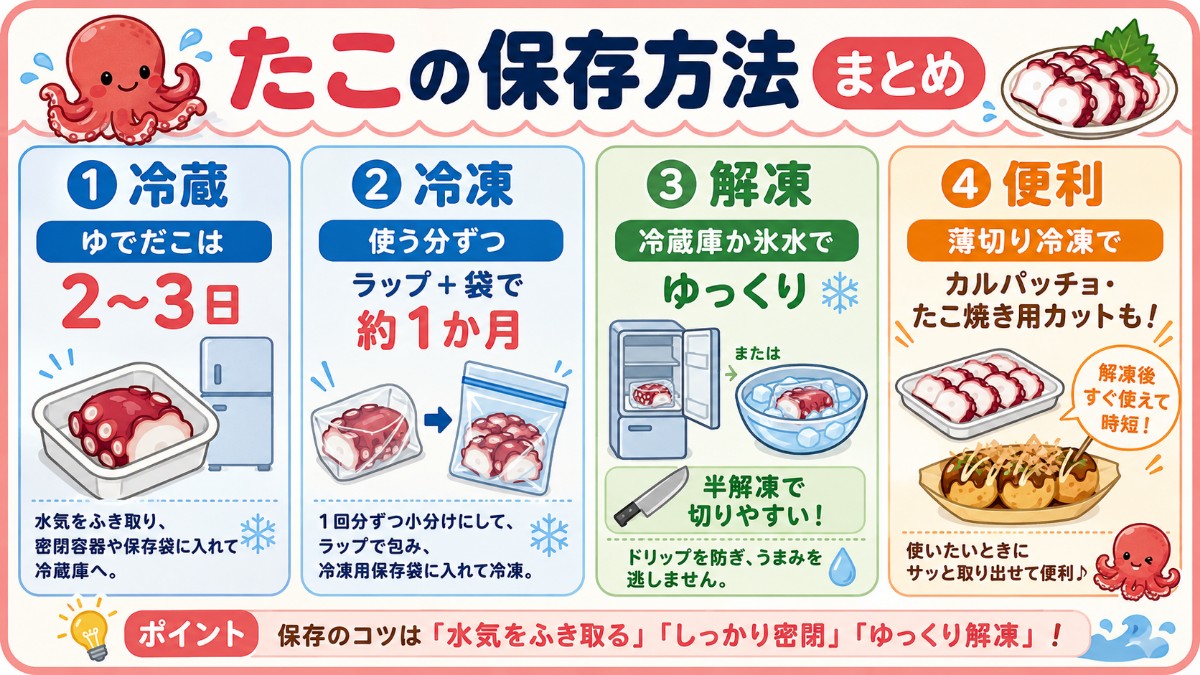 たこの保存方法まとめカード（ゆでだこ冷蔵2?3日・小分け冷凍1か月・半解凍で切りやすいのまとめ）