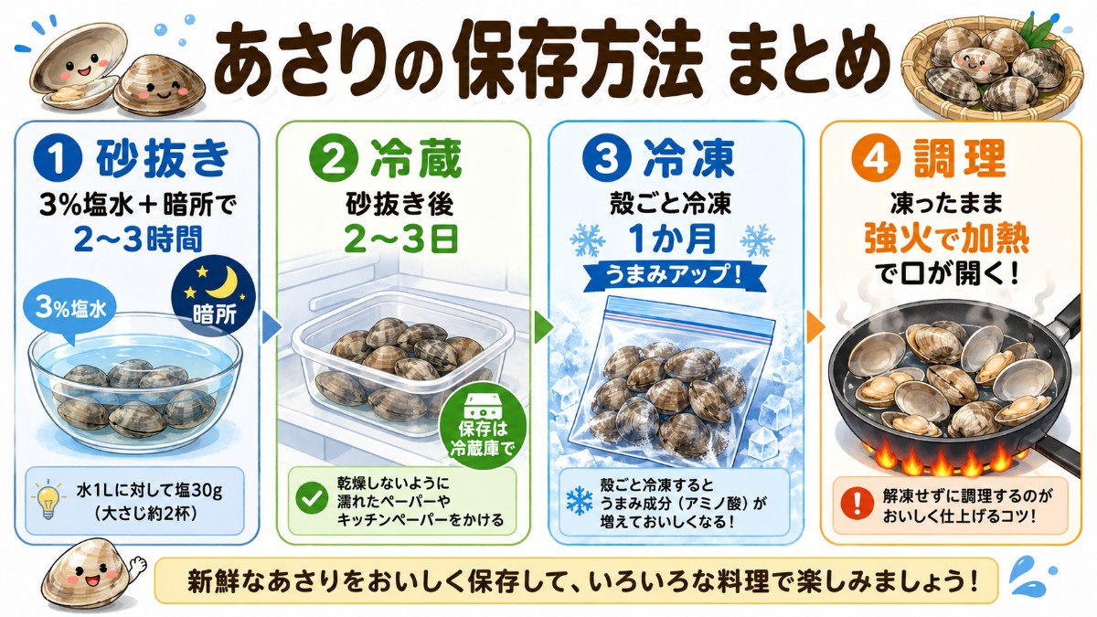 あさりの保存方法まとめカード（3%塩水砂抜き・冷蔵2?3日・殻ごと冷凍1か月のまとめ）