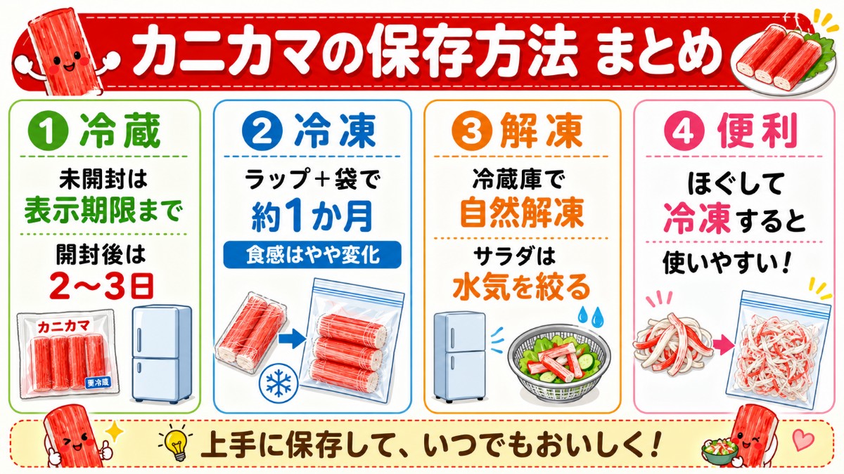カニカマの保存方法まとめカード（開封後冷蔵2?3日・冷凍1か月・ほぐし冷凍が便利のまとめ）
