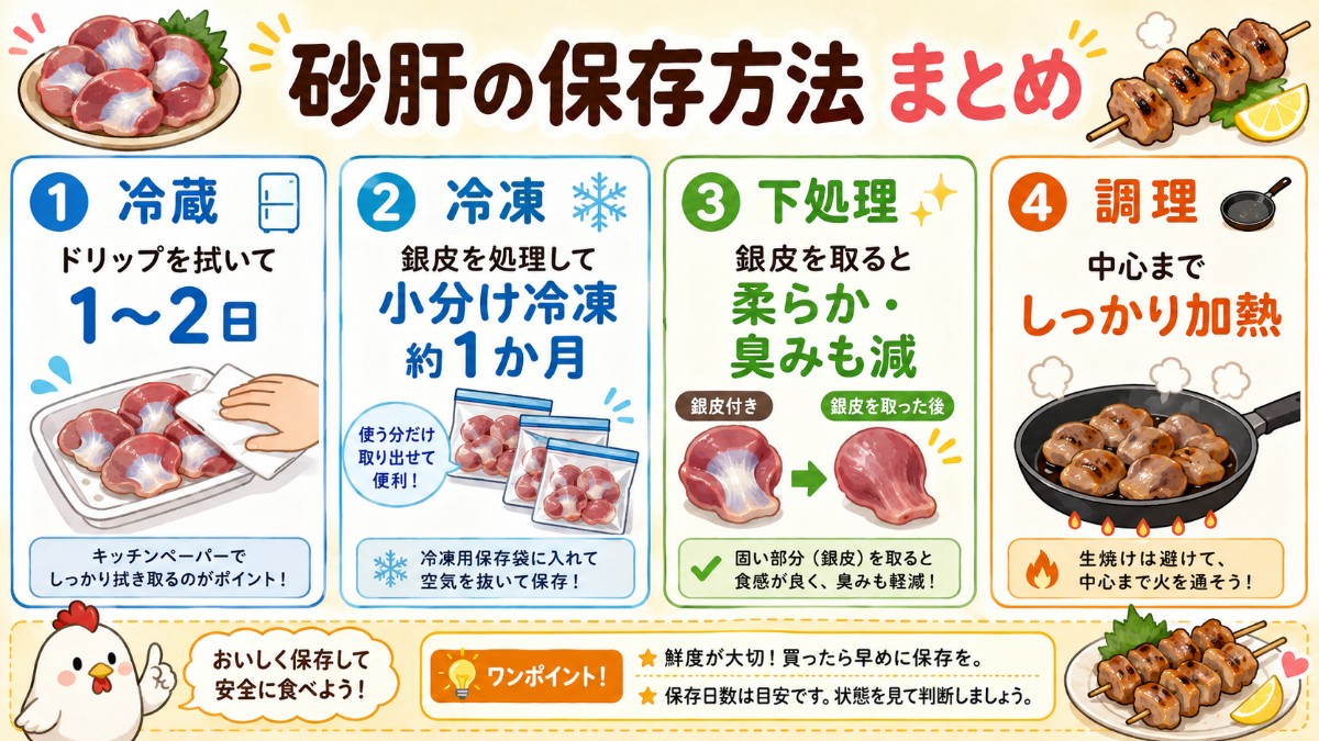 砂肝の保存方法まとめカード（冷蔵1?2日・銀皮処理して冷凍1か月・しっかり加熱のまとめ）