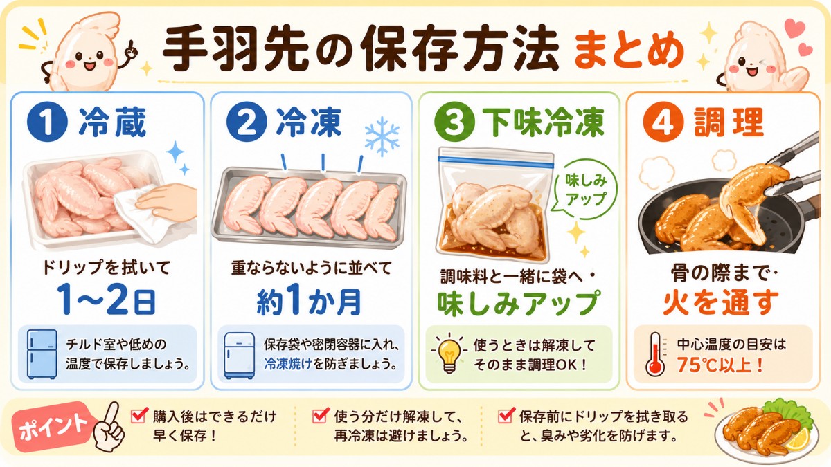 手羽先の保存方法まとめカード（冷蔵1?2日・並べて冷凍1か月・下味冷凍で味しみのまとめ）