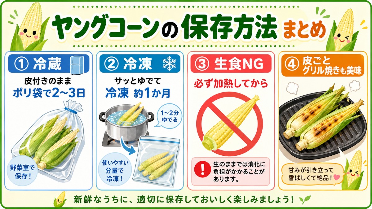 ヤングコーンの保存方法まとめカード（皮付き冷蔵2?3日・ゆでて冷凍1か月・必ず加熱のまとめ）