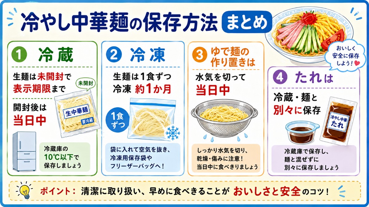 冷やし中華麺の保存方法まとめカード（開封後当日中・生麺は1食ずつ冷凍1か月・たれは別保存のまとめ）