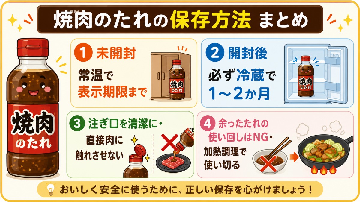 焼肉のたれの保存方法まとめカード（開封後は冷蔵1?2か月・注ぎ口清潔・使い回しNGのまとめ）