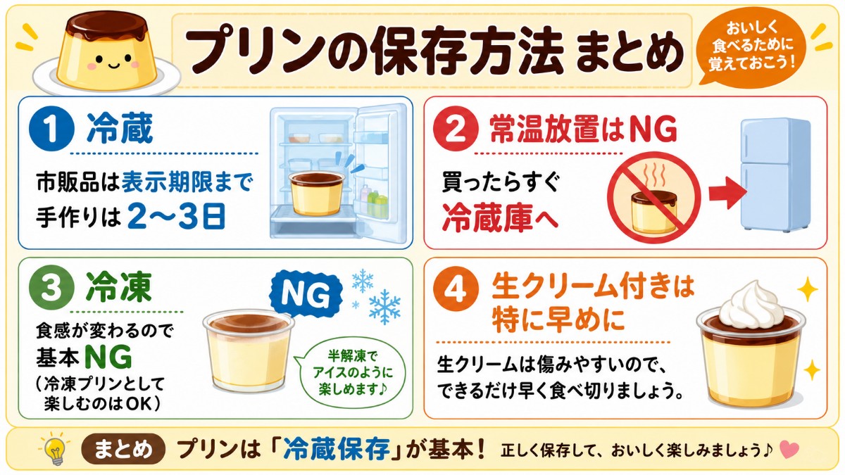 プリンの保存方法まとめカード（冷蔵が基本・手作り2?3日・常温NG・冷凍は食感変化のまとめ）