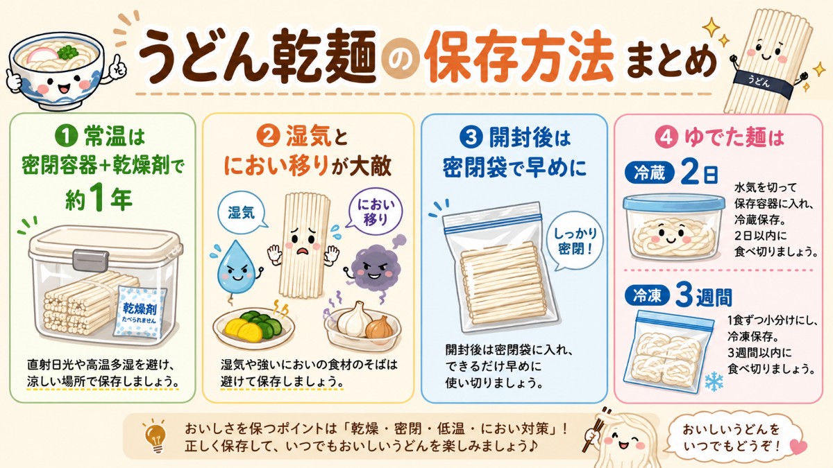 うどん乾麺の保存方法まとめカード（密閉＋乾燥剤で常温1年・湿気NG・ゆで麺は冷蔵2日冷凍3週間のまとめ）