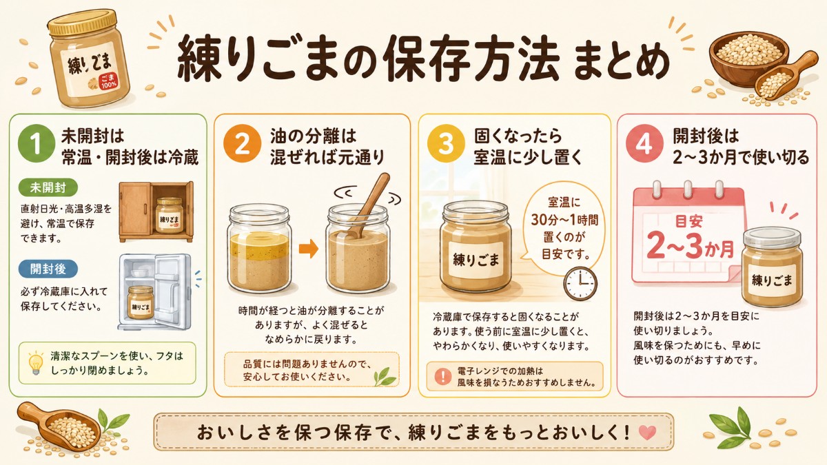 練りごまの保存方法まとめカード（開封後は冷蔵2?3か月・分離は混ぜてOKのまとめ）
