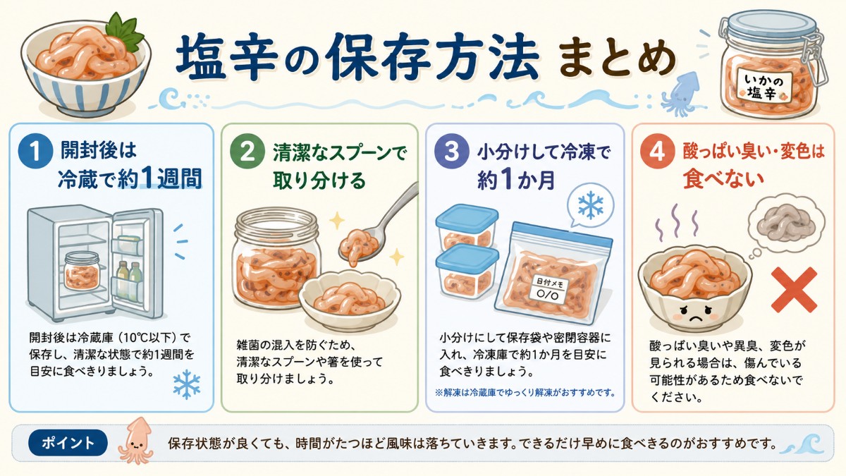 塩辛の保存方法まとめカード（冷蔵1週間・清潔なスプーン・小分け冷凍1か月のまとめ）