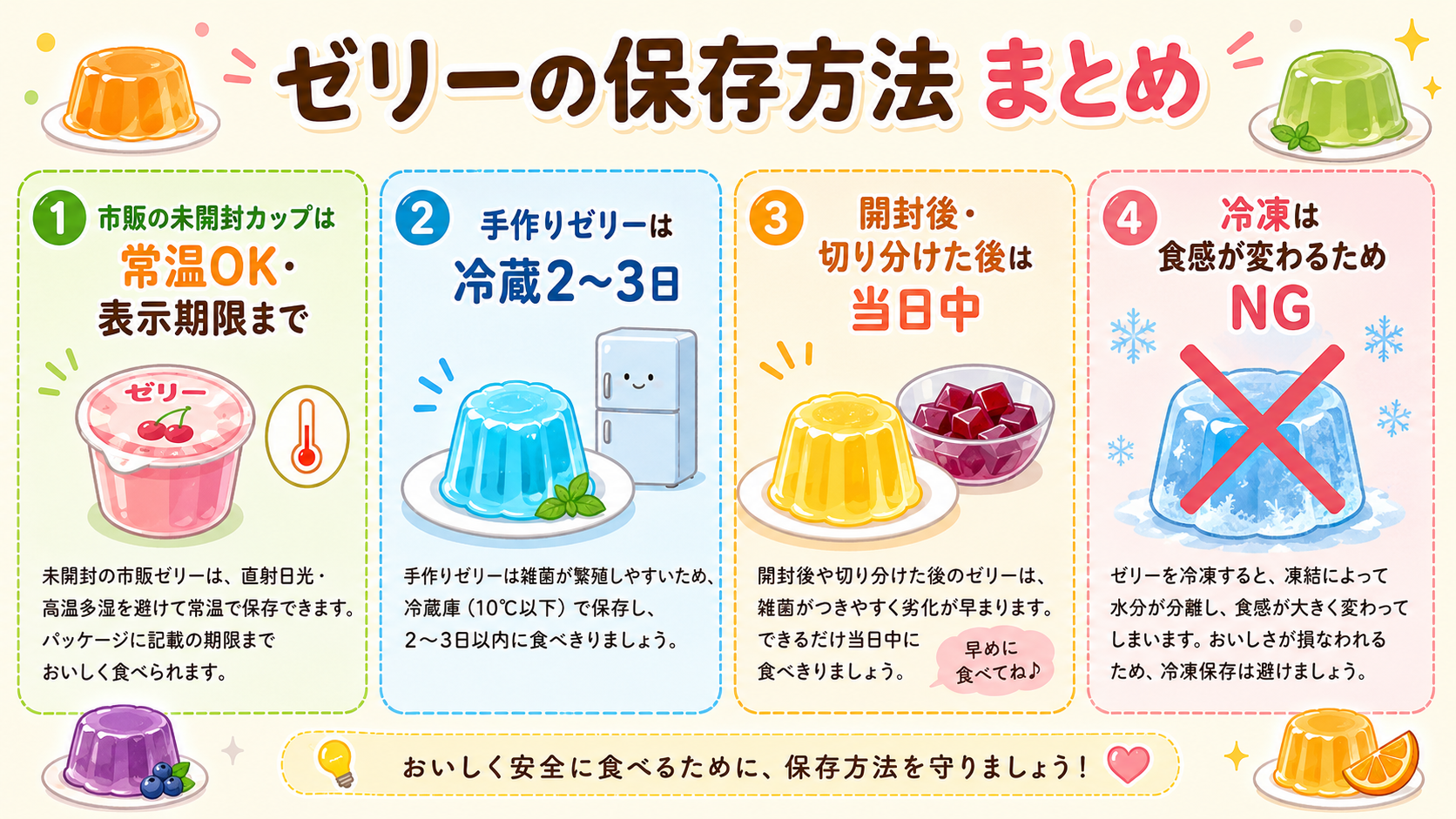 ゼリーの保存方法まとめ（市販・手作りの日持ちと冷蔵冷凍の図解）