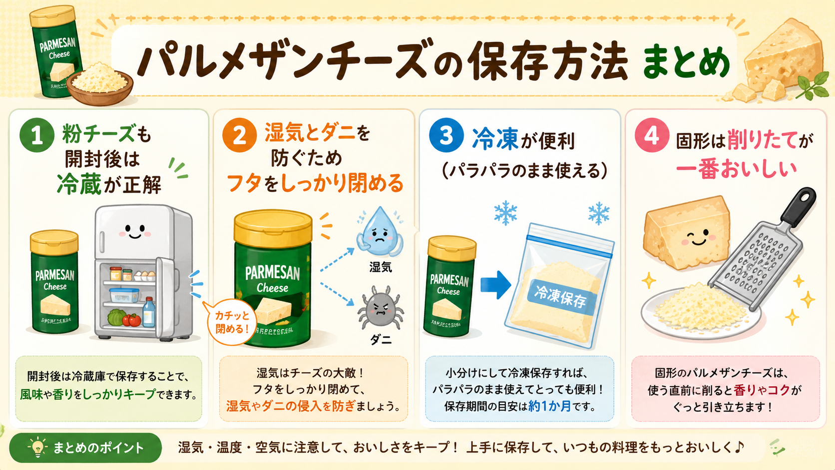 パルメザンチーズの保存方法まとめ（粉チーズの冷蔵・冷凍とダニ対策の図解）