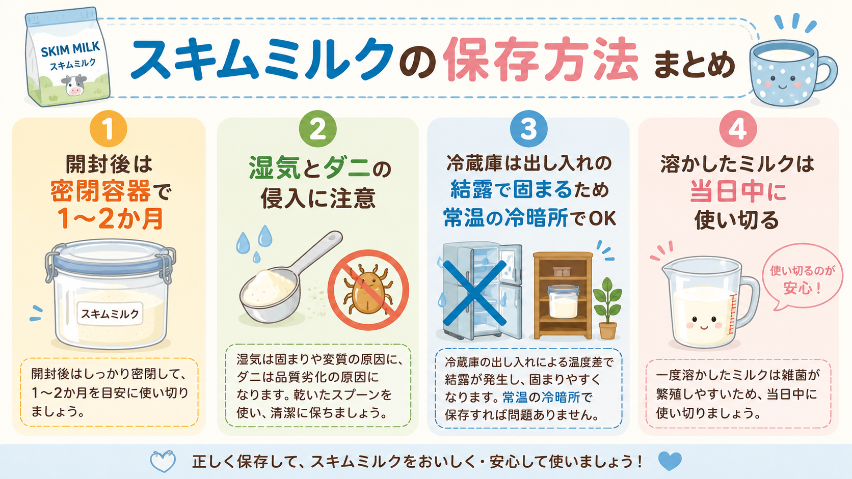 スキムミルクの保存方法まとめ（開封後の密閉保存と湿気・ダニ対策の図解）