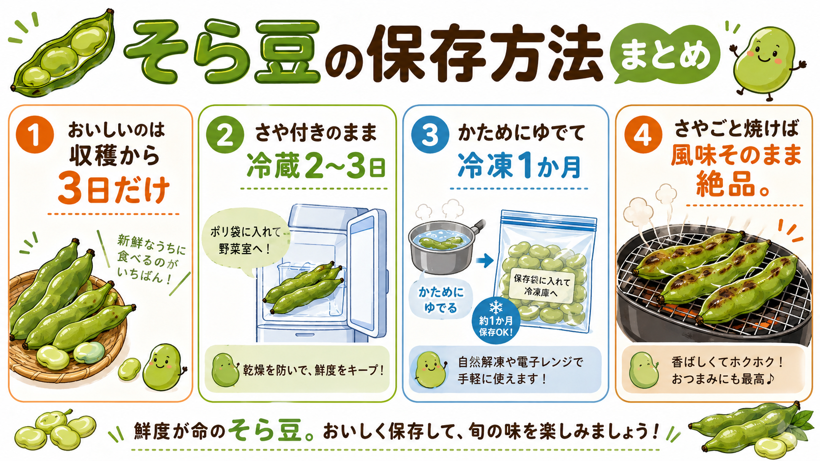 そら豆の保存方法まとめ（さや付き冷蔵とゆで冷凍の図解）