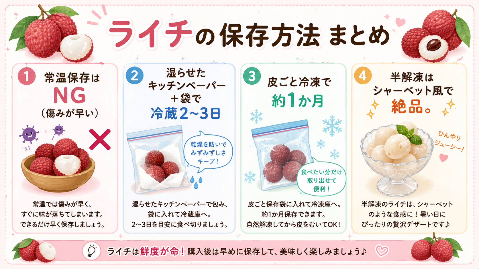 ライチの保存方法まとめ（湿らせ冷蔵と皮ごと冷凍の図解）