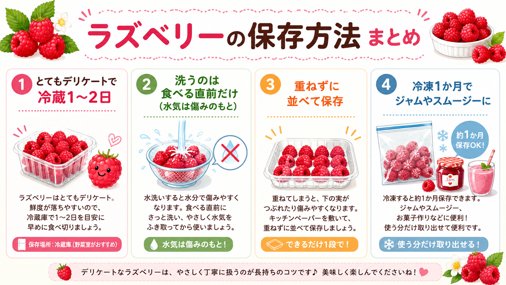 ラズベリーの保存方法まとめ（洗うのは直前・重ねない冷蔵と冷凍の図解）