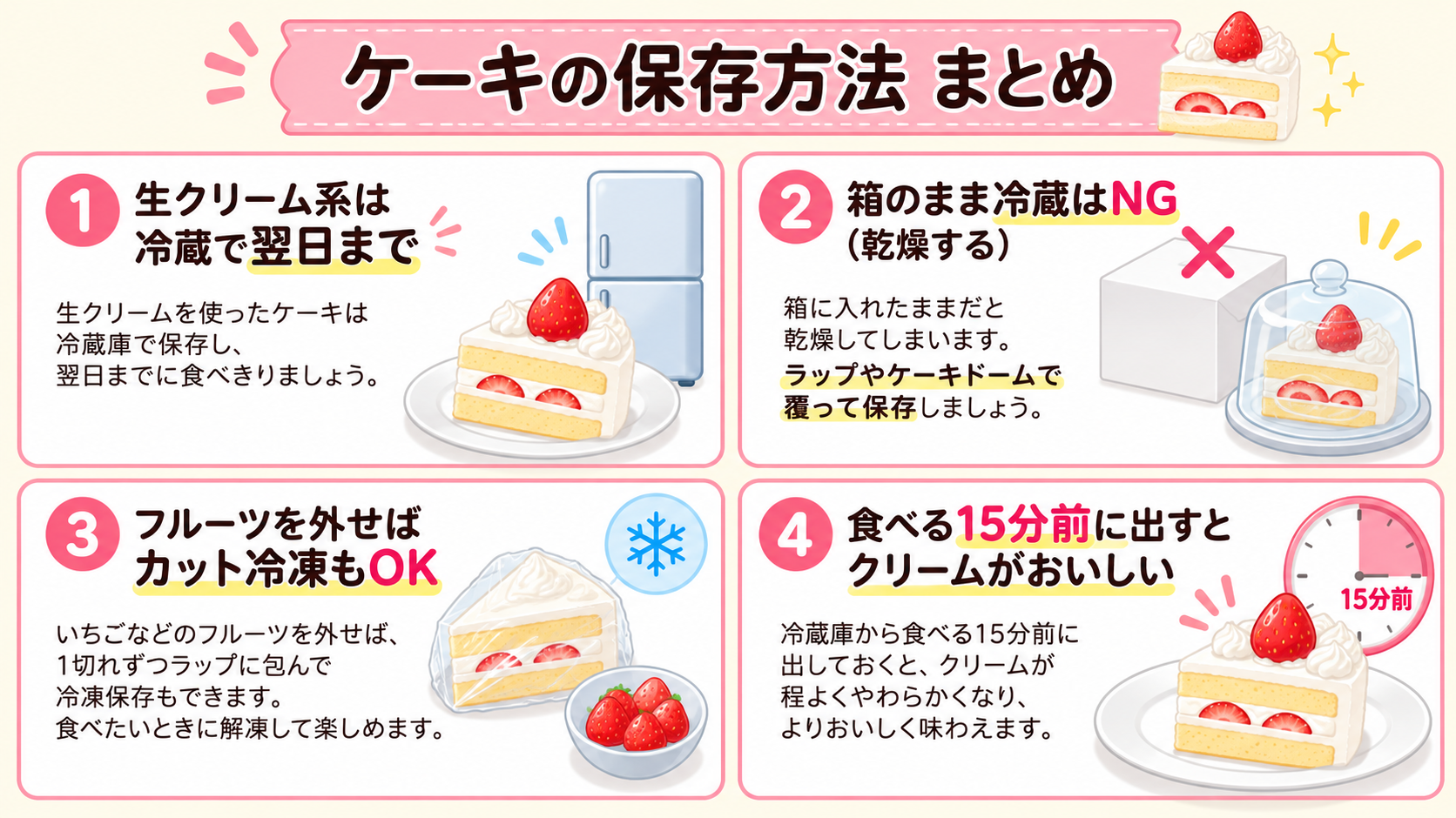 ケーキの保存方法まとめ（箱のまま冷蔵NG・ラップ密着と冷凍の図解）