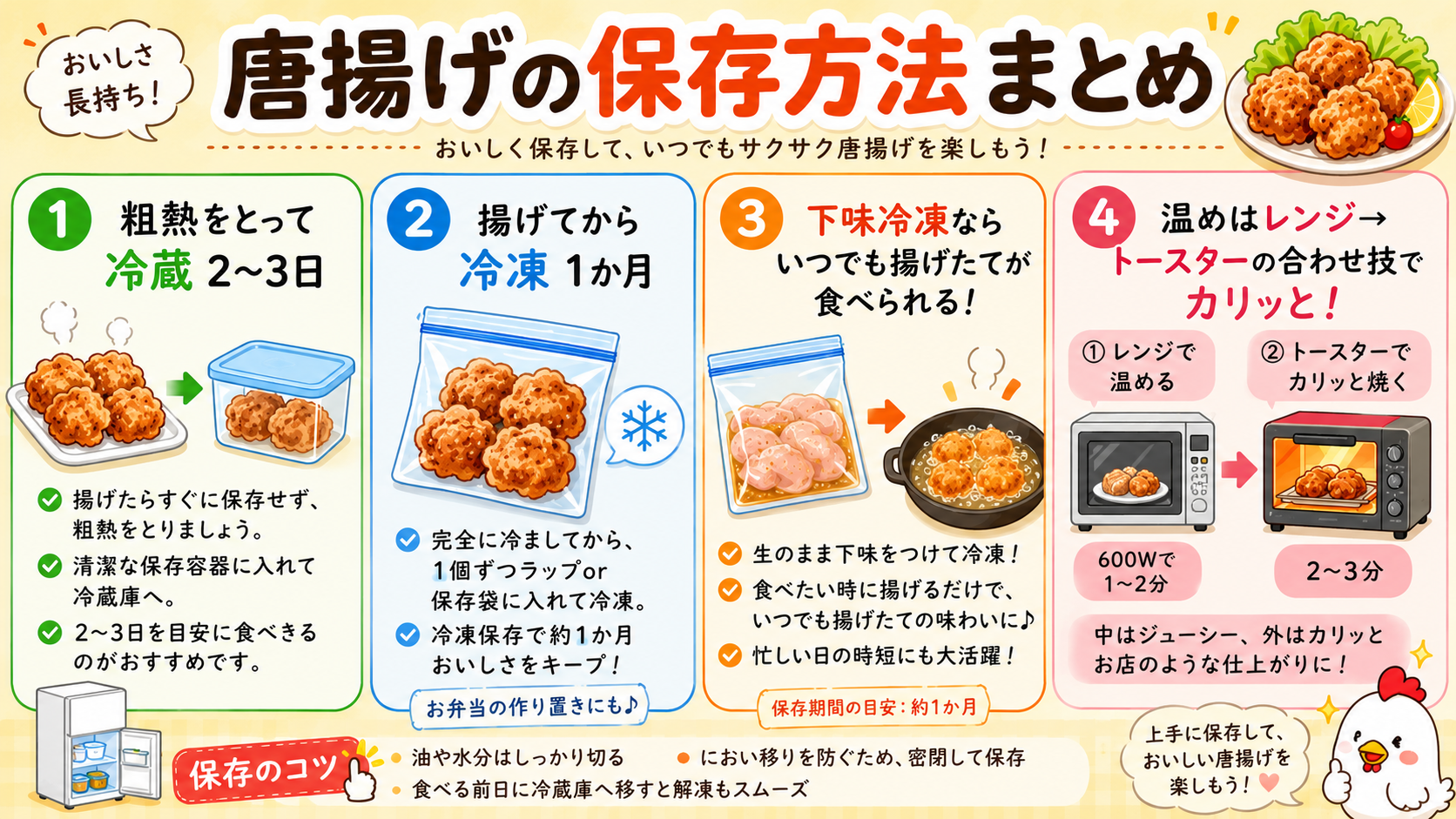 唐揚げの保存方法まとめ（冷蔵・冷凍と下味冷凍の図解）