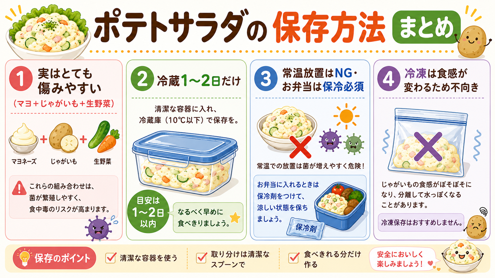 ポテトサラダの保存方法まとめ（冷蔵1?2日と傷みやすい理由の図解）