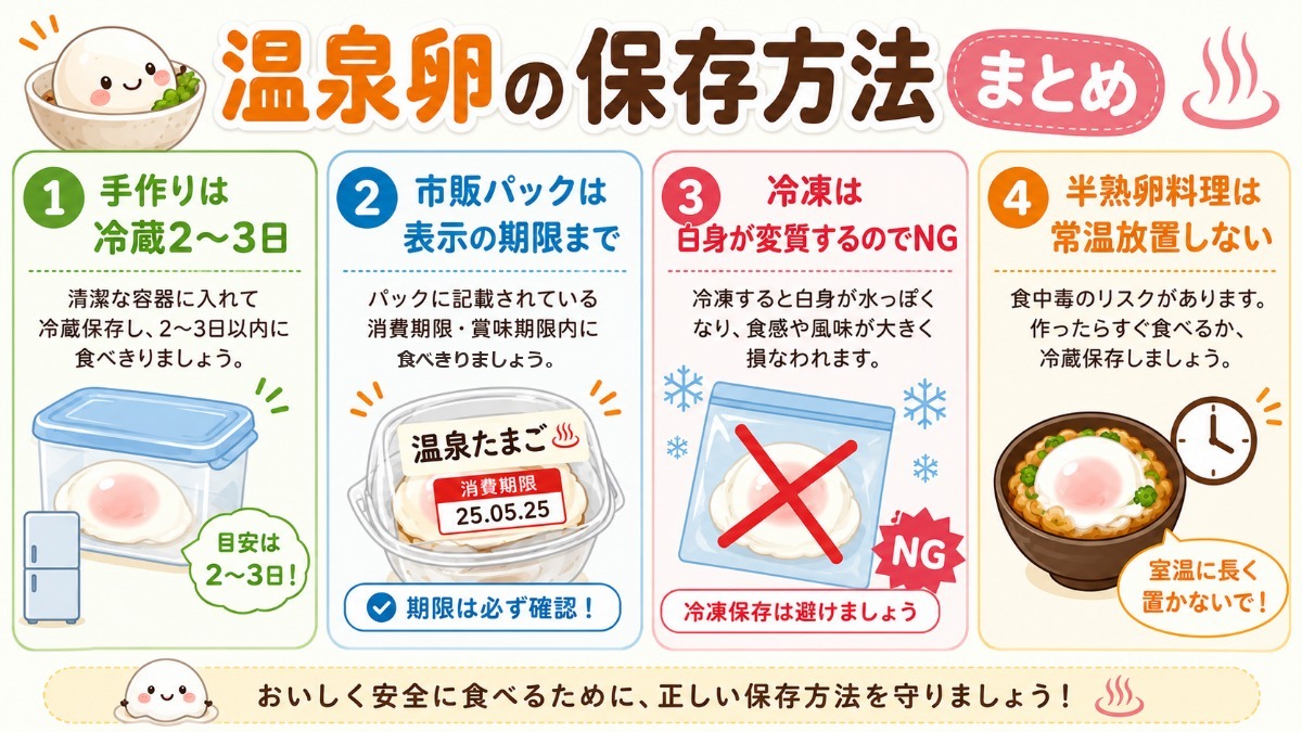 温泉卵の保存方法まとめ（冷蔵2?3日・冷凍NGの図解）