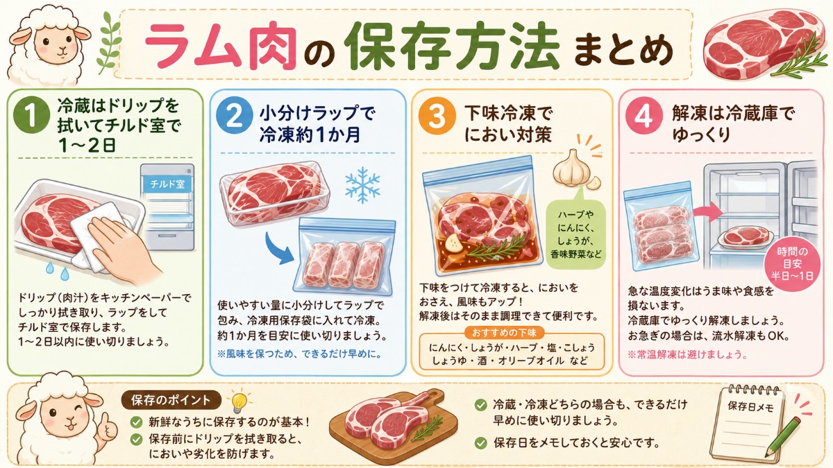 ラム肉の保存方法まとめ（冷蔵1?2日・下味冷凍1か月の図解）