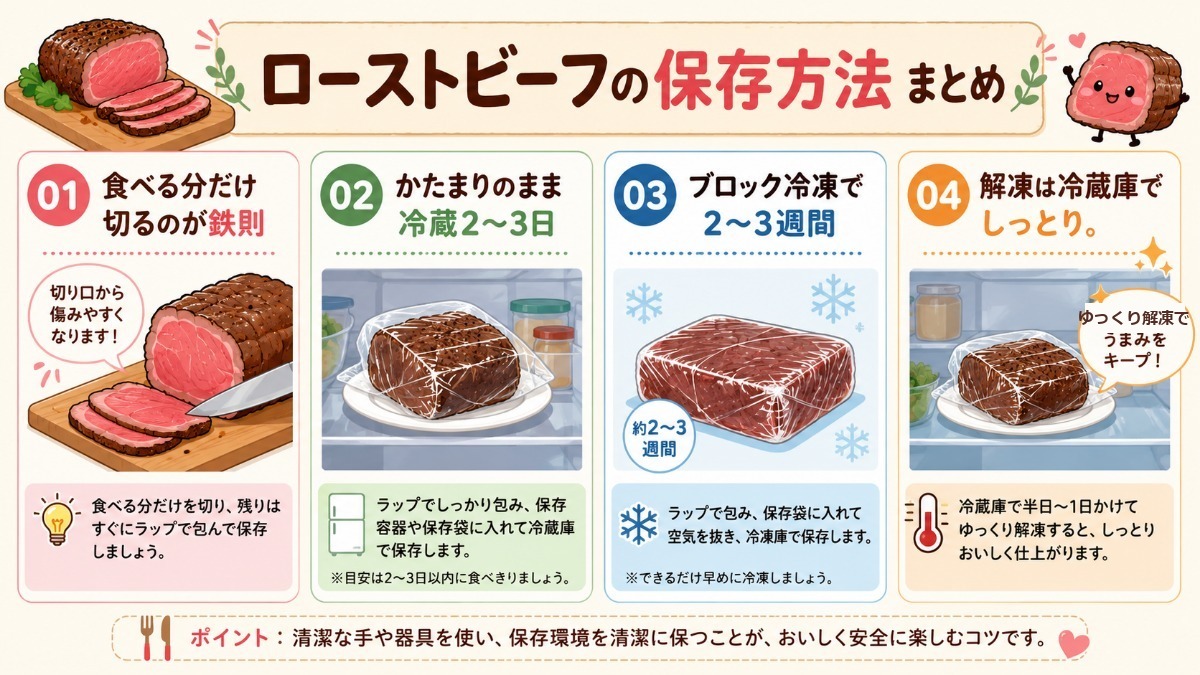ローストビーフの保存方法まとめ（かたまりのまま冷蔵2?3日・冷凍2?3週間の図解）