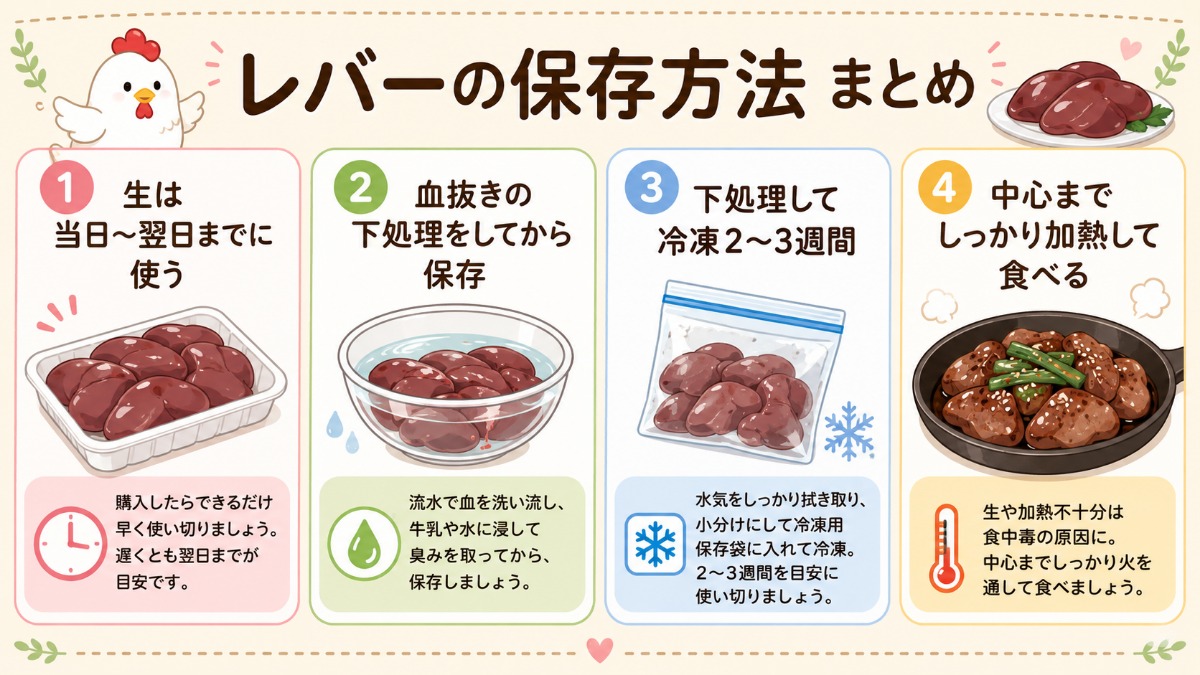 レバーの保存方法まとめ（冷蔵は翌日まで・下処理して冷凍2?3週間の図解）