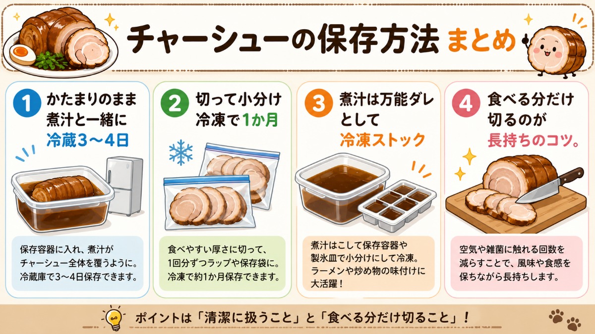 チャーシューの保存方法まとめ（煮汁ごと冷蔵3?4日・小分け冷凍1か月の図解）