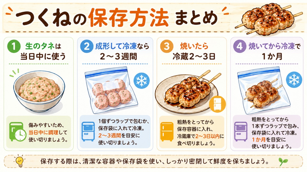 つくねの保存方法まとめ（生タネは当日中・焼いて冷凍1か月の図解）