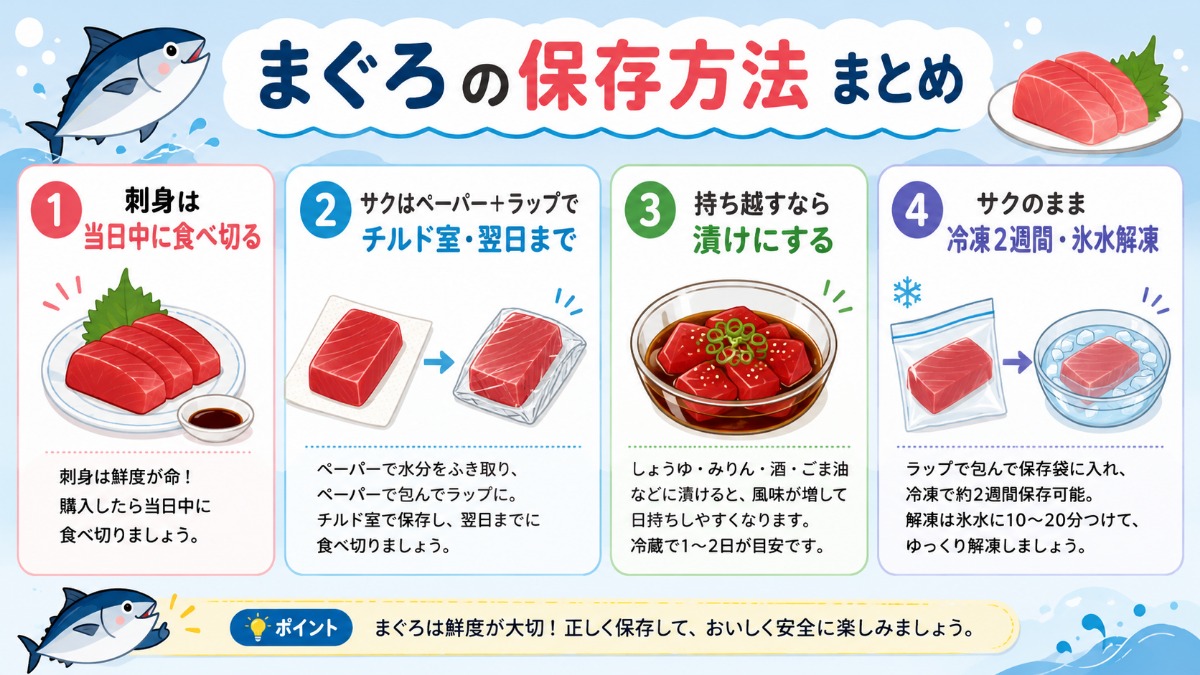 まぐろの保存方法まとめ（刺身は当日中・サクは翌日まで・冷凍2週間の図解）