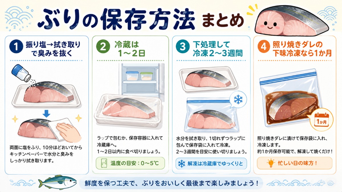 ぶりの保存方法まとめ（振り塩で臭み抜き・下味冷凍1か月の図解）