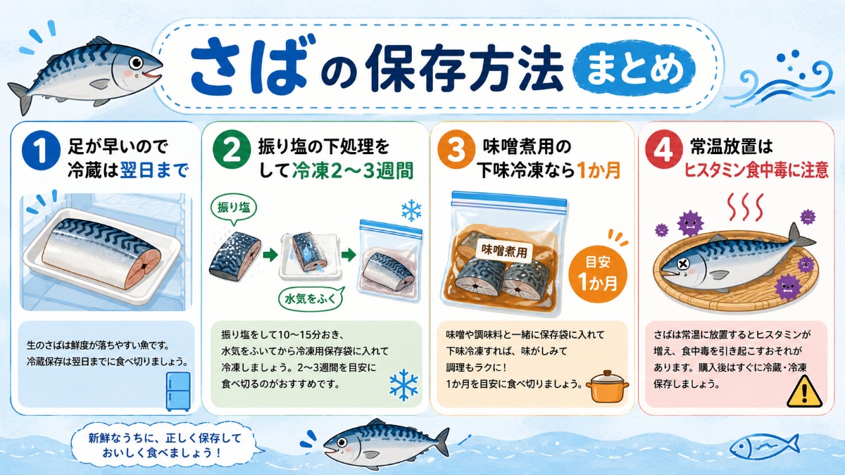 さばの保存方法まとめ（冷蔵は翌日まで・下味冷凍1か月・ヒスタミン注意の図解）
