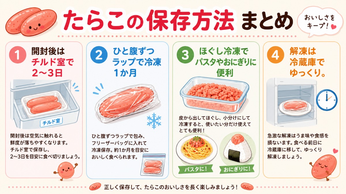 たらこの保存方法まとめ（チルド室2?3日・ひと腹ずつ冷凍1か月の図解）