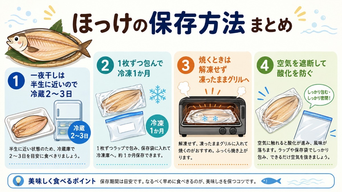 ほっけの保存方法まとめ（一夜干しは冷蔵2?3日・凍ったまま焼けるの図解）