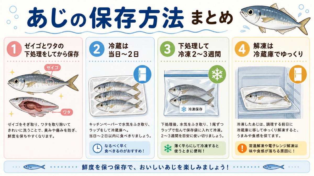 あじの保存方法まとめ（下処理して冷蔵当日?2日・冷凍2?3週間の図解）