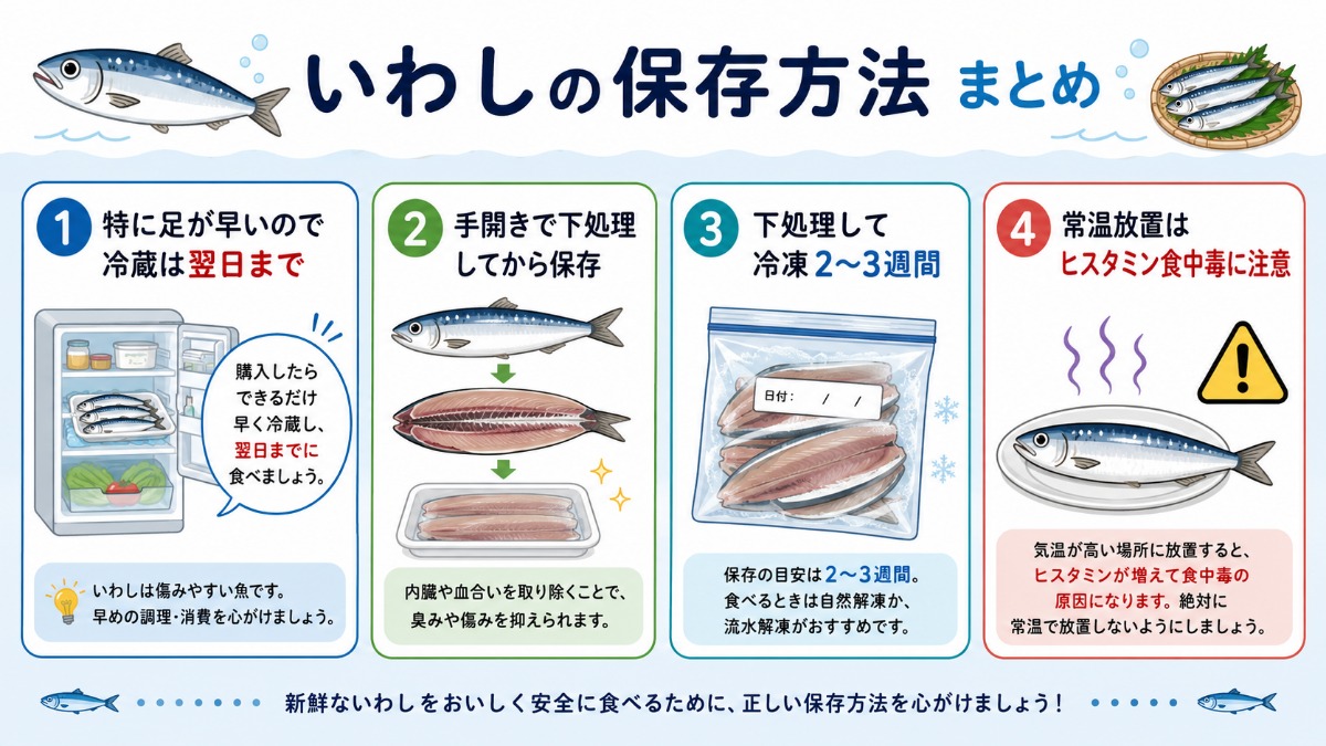 いわしの保存方法まとめ（冷蔵は翌日まで・冷凍2?3週間・ヒスタミン注意の図解）