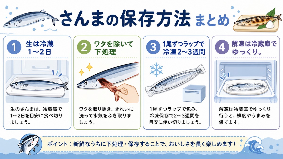 さんまの保存方法まとめ（生は冷蔵1?2日・ワタを除いて冷凍2?3週間の図解）
