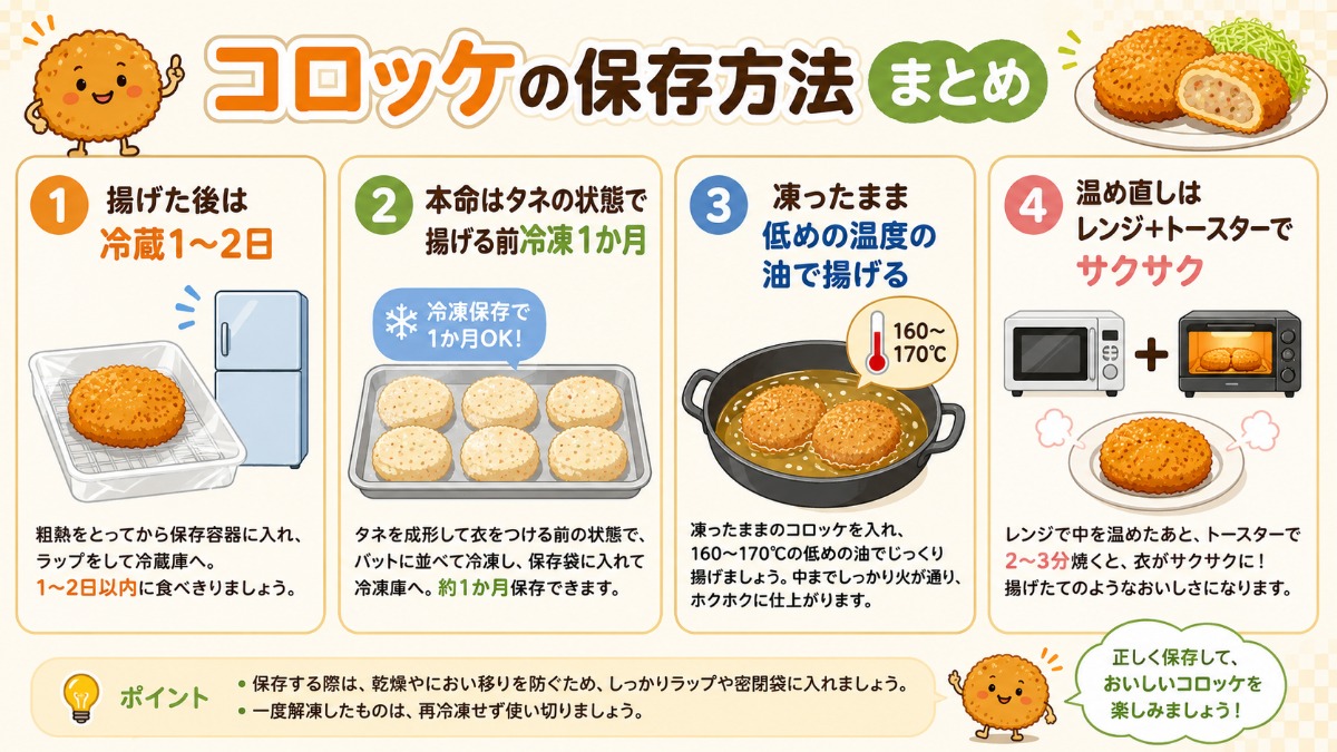 コロッケの保存方法まとめ（揚げた後冷蔵1?2日・タネ冷凍1か月の図解）