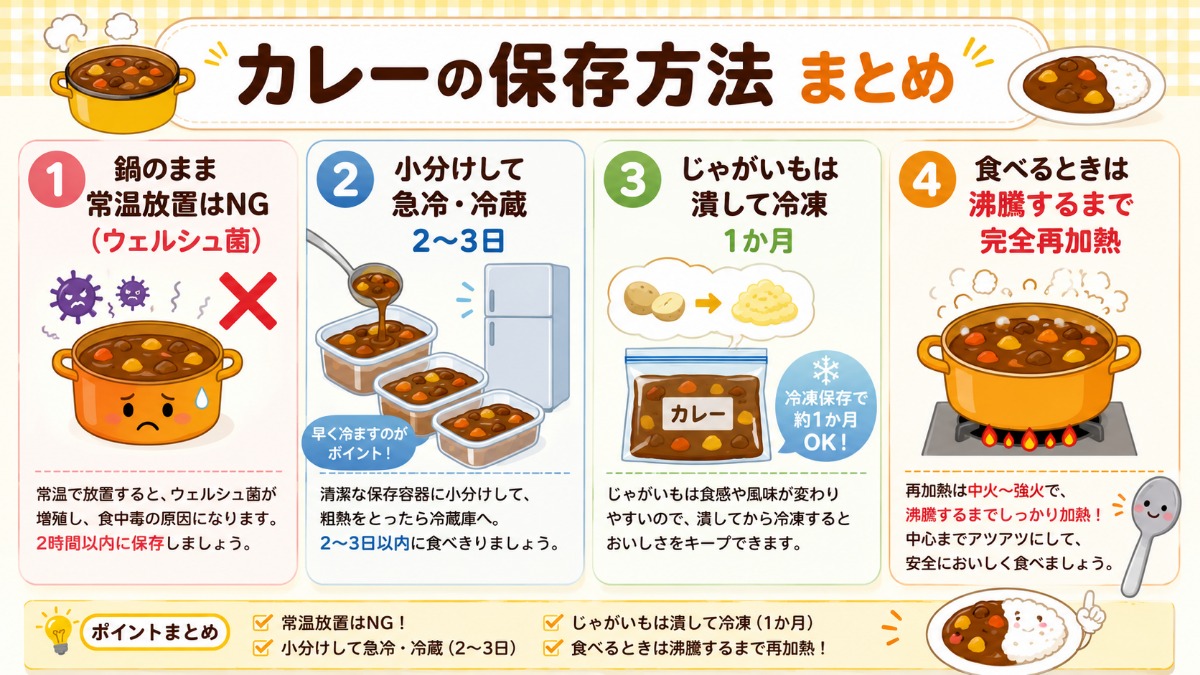 カレーの保存方法まとめ（常温NG・小分け冷蔵2?3日・冷凍1か月の図解）