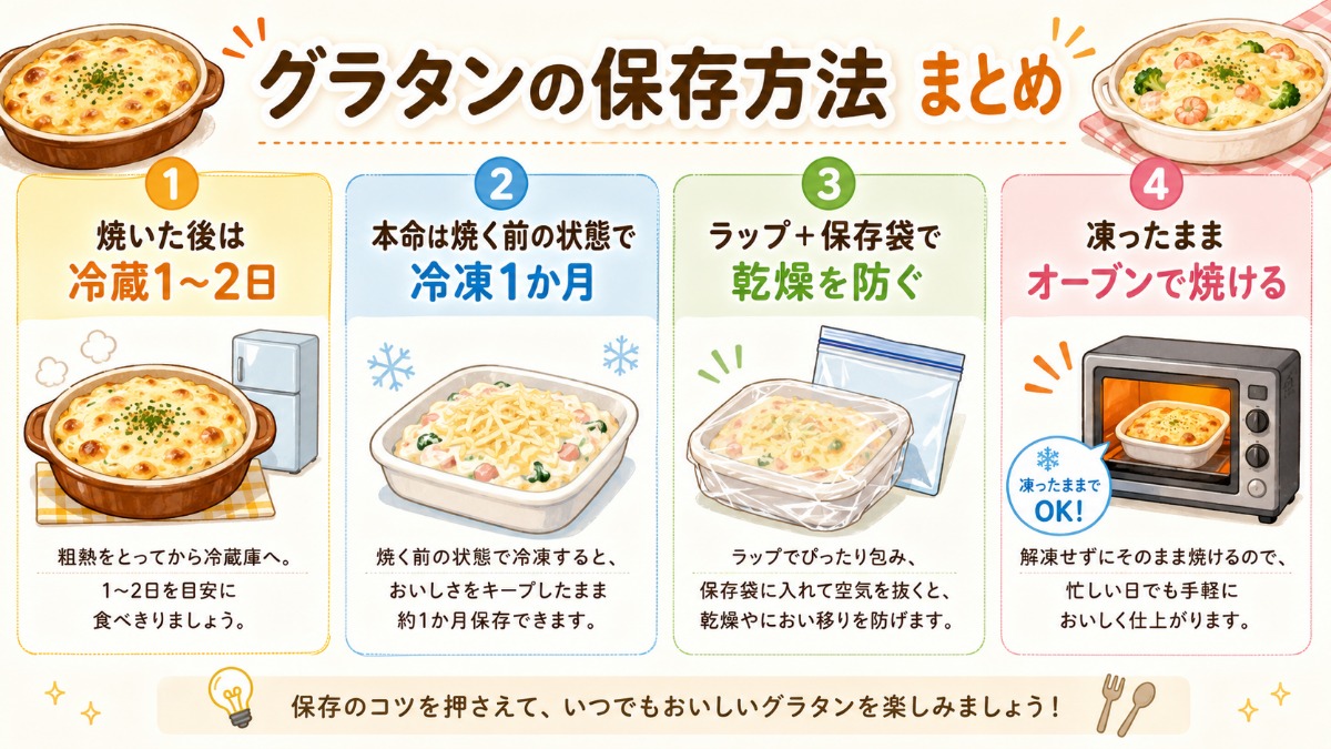 グラタンの保存方法まとめ（焼く前冷凍1か月・焼いた後は冷蔵1?2日の図解）
