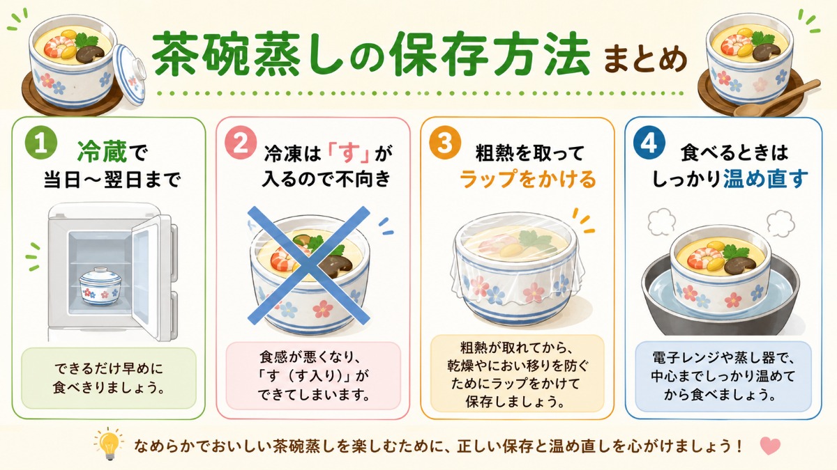 茶碗蒸しの保存方法まとめ（冷蔵で当日?翌日・冷凍不向きの図解）