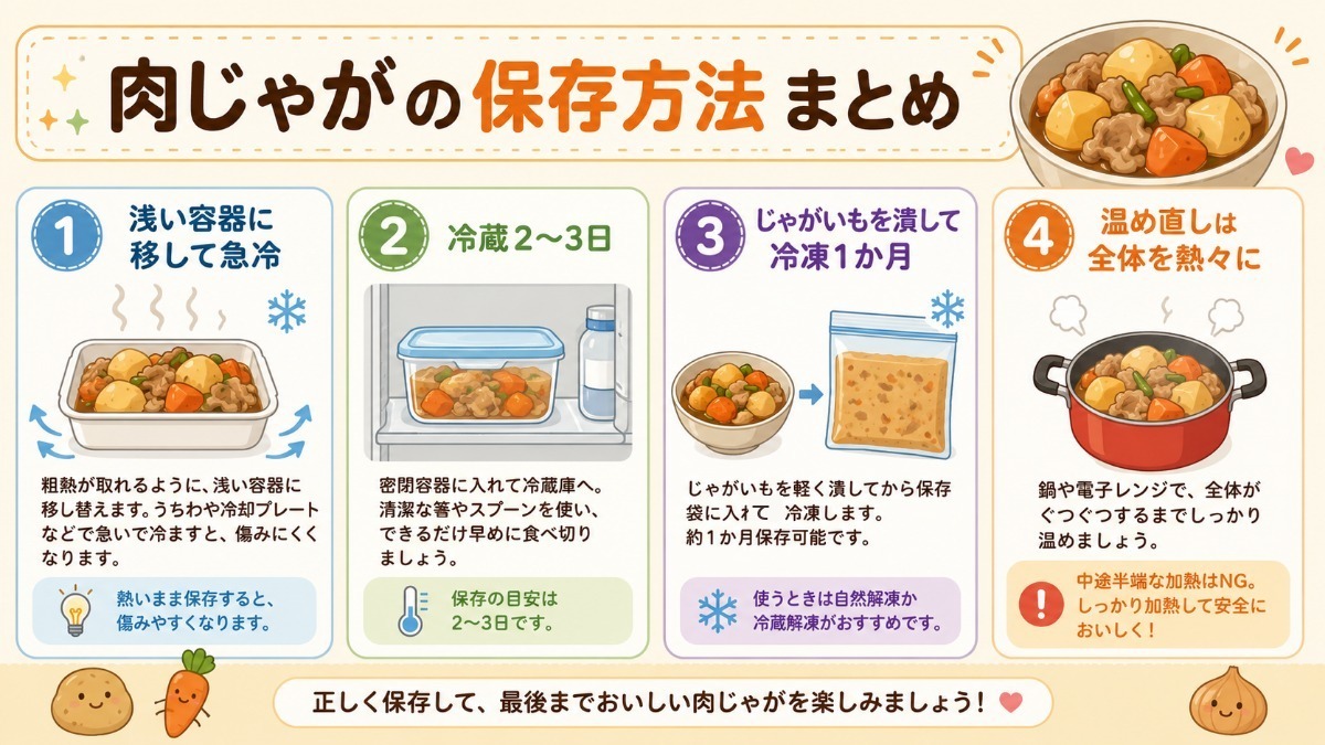 肉じゃがの保存方法まとめ（冷蔵2?3日・じゃがいもを潰して冷凍1か月の図解）