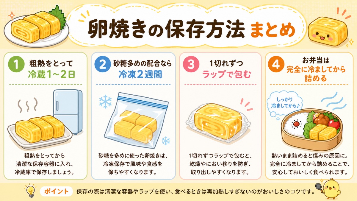 卵焼きの保存方法まとめ（冷蔵1?2日・砂糖多めで冷凍2週間の図解）